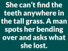 An old woman accidentally drops her fake teeth at the park while walking her dog.