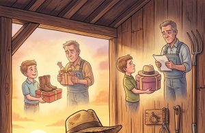 An old farmer sat on his barn porch, shucking corn.