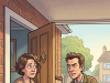 A woman is at home when she hears someone knocking at her door.